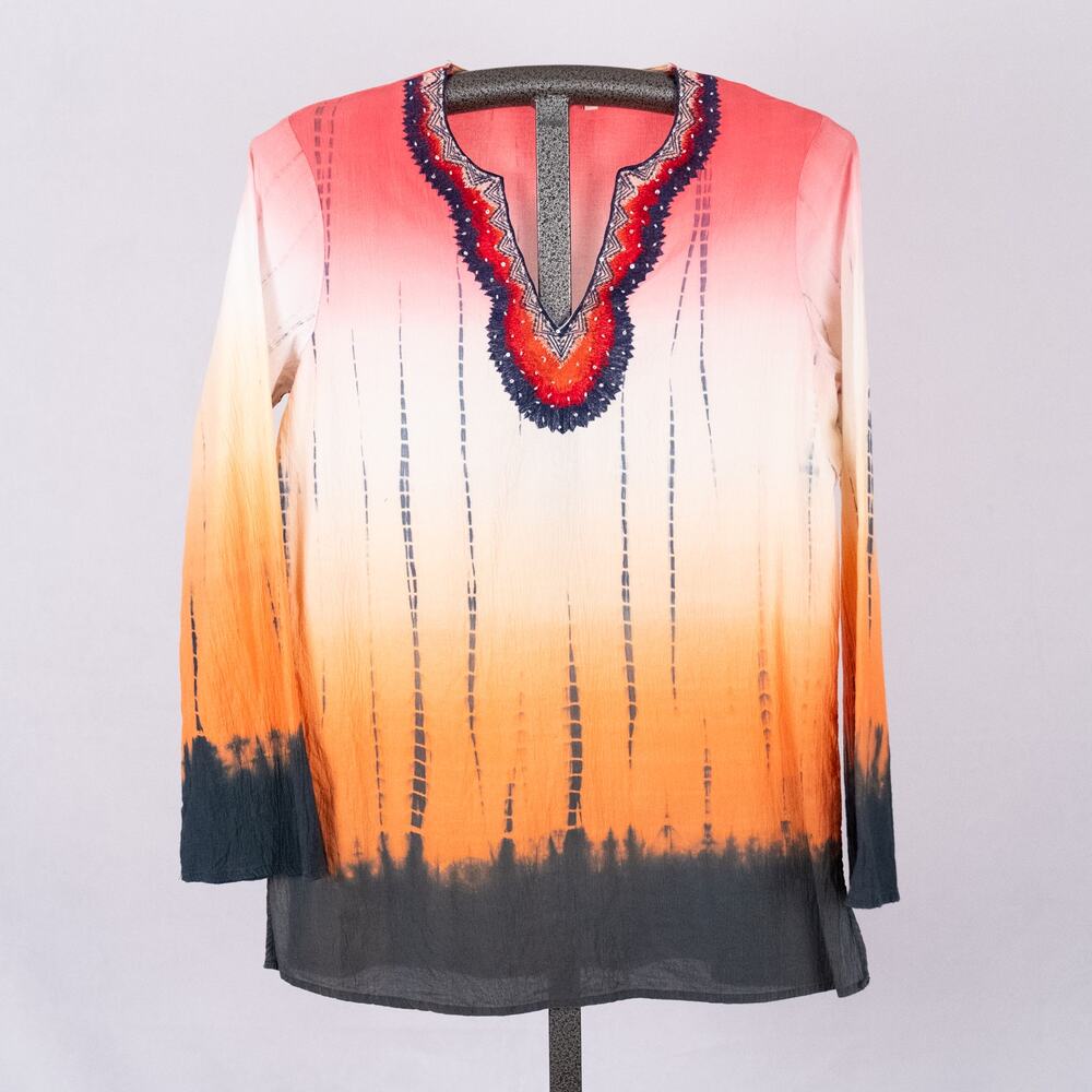 Reba Women's Size LARGE Boho Western Tunic Top Embroidered Beaded Rodeo Colorful